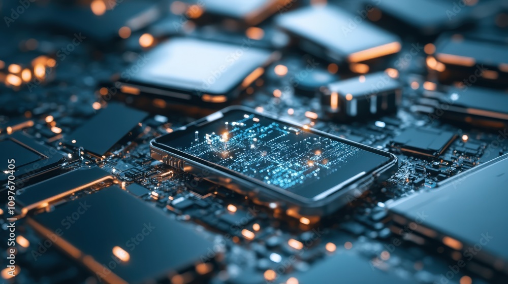 Poster a modern smartphone surrounded by an intricate circuit board, showcasing advanced technology and dig