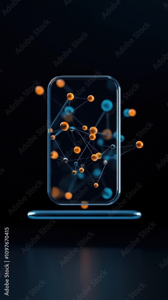 Aufkleber Abstract Digital Visualization of a Smartphone Surrounded by Floating Geometric Shapes in Blue and Orange Colors Against a Dark Background
