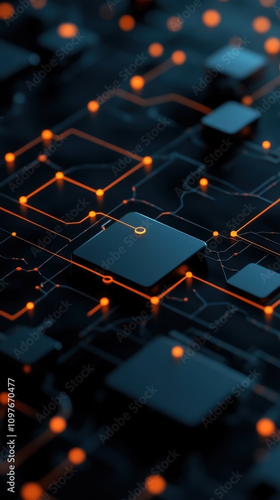 Aufkleber abstract digital circuit design featuring black chips and glowing orange lights on a dark background