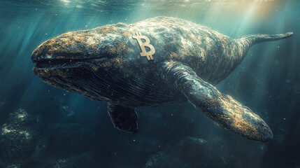 Obraz premium digital artwork featuring a stylized whale with a prominent Bitcoin symbol on its body floating against a blank background symbolizing the vast influence of cryptocurrency in modern digital finance