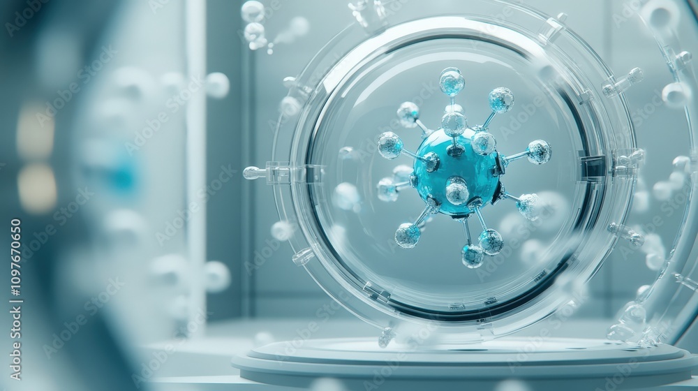 Poster abstract 3d representation of a molecular structure surrounded by transparent spheres illustrating s