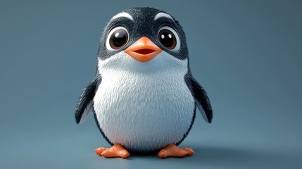 Fototapeta premium Adorable Cartoon Penguin with Big Eyes on a Blue Background Perfect for Children's Media and Merchandise