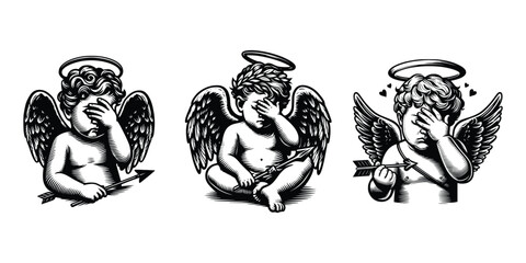 set of Angel cupid baby with facepalm hand gesture, black and white vector illustration  isolated background