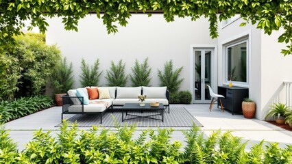 Modern Outdoor Living: Relax in Style with This Elegant Patio Furniture Set in a Lush, Green Garden Oasis