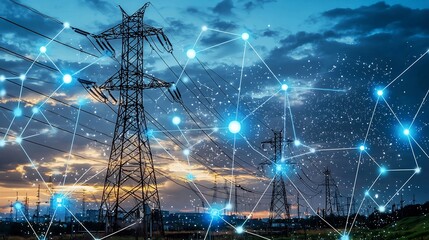 Diagram of a modern intelligent smart grid infrastructure that seamlessly integrates renewable energy sources such as solar and wind power