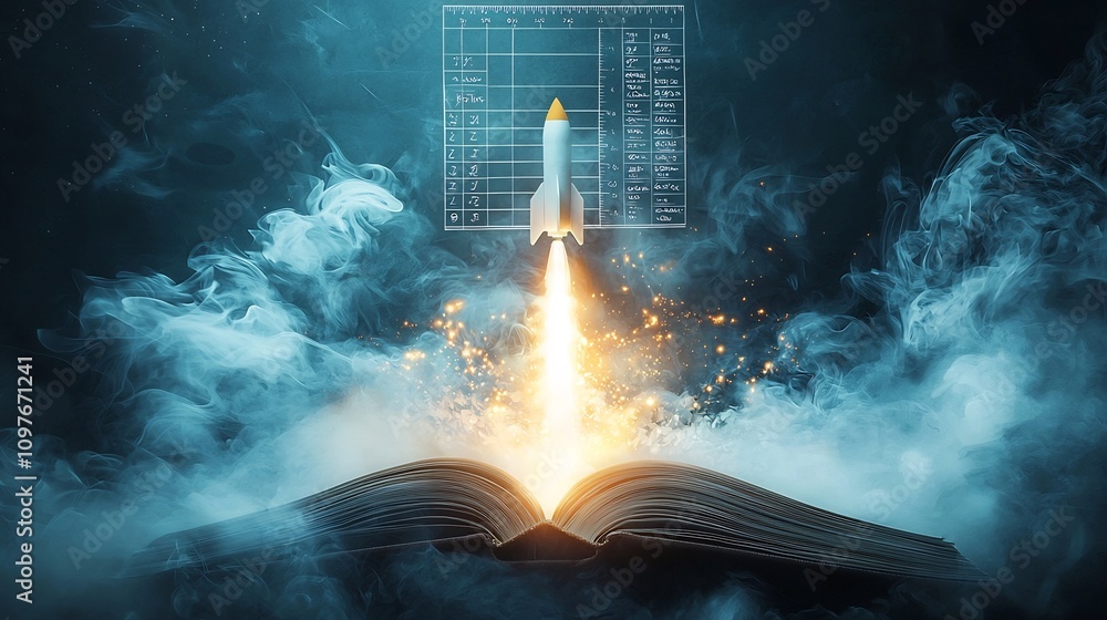 Poster dramatic depiction of a glowing rocket soaring into the sky bursting forth from the pages of an open