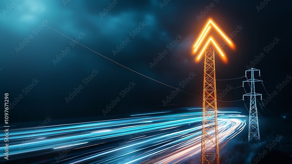 Poster dramatic electric transmission tower with complex structural design supporting power cables featurin