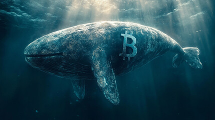digital artwork featuring a stylized whale with a prominent Bitcoin symbol on its body floating against a blank background symbolizing the vast influence of cryptocurrency in modern digital finance