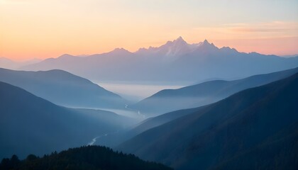 mountain, range, sunrise, photograph, highresolution, peaks, light, mist, valleys, nature, landscape, scenic, serene, majestic, peaceful, soft, illumination, dramatic, view, outdoors, dawn, golden, gl