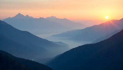 Fototapeta premium mountain, range, sunrise, photograph, highresolution, peaks, light, mist, valleys, nature, landscape, scenic, serene, majestic, peaceful, soft, illumination, dramatic, view, outdoors, dawn, golden, gl