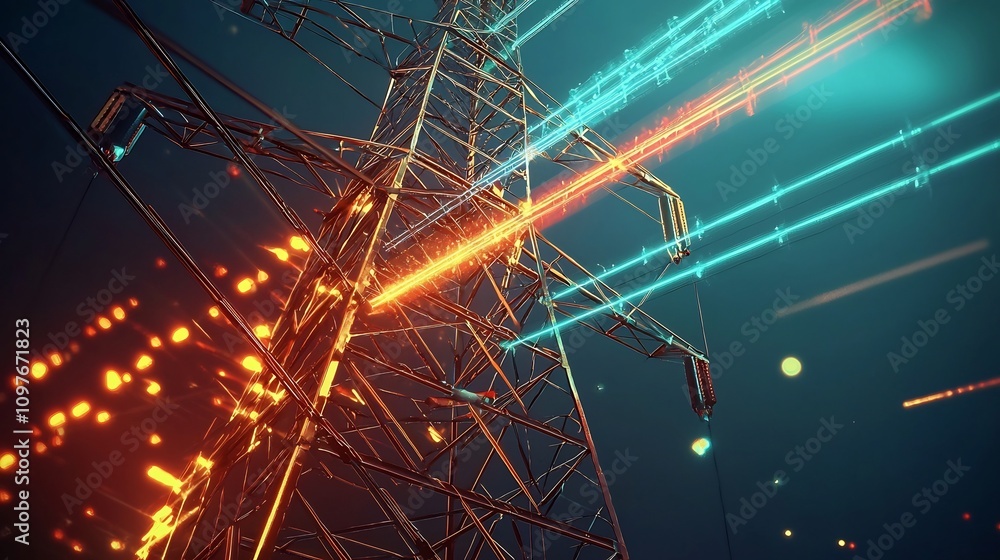 Aufkleber dramatic transmission towers with intricate steel frameworks and power cables accented by a dynamic 