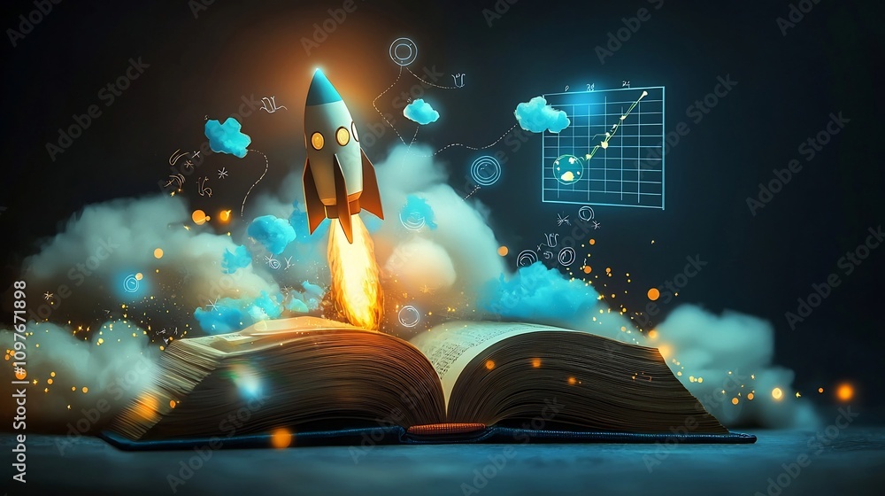 Poster dynamic rockets glowing brightly as they rise from the pages of an open book surrounded by swirling 