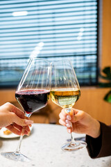 Two hands holding glasses of red and white wine in a toast, with a blurred background. Perfect for celebrating special occasions, social gatherings, or wine-related themes. Cheers!