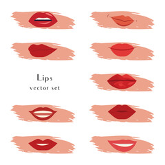 Set of realistic and cartoon female lips in different close-up poses on an isolated background. Vector.

