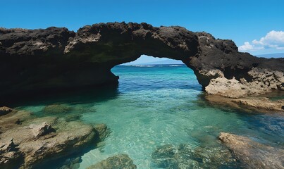 Obraz premium Natural archway formed from eroded rocks over clear sea water, Generative AI 