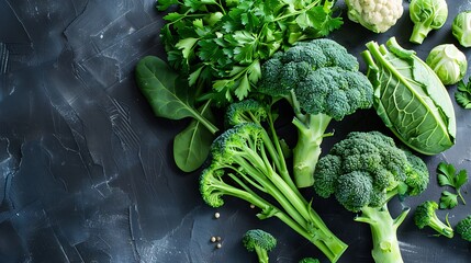 Healthy kitchen flat lay of fresh broccoli and other vegetables online recipes on laptop