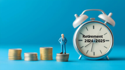 A miniature figure stands on coins next to a clock, symbolizing planning for retirement in 2024-2025.