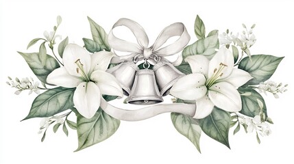 Elegant watercolor painting featuring a beautiful arrangement of silver bells soft white lilies green leaves and a flowing ribbon creating a classic and romantic wedding design © Kunchan