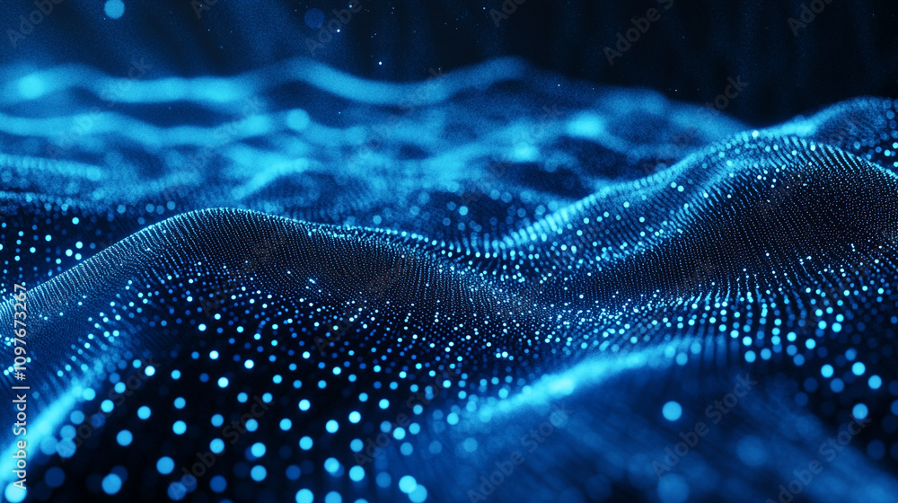 Poster a mesmerizing abstract background featuring a digital blue wave pattern with shimmering golden parti