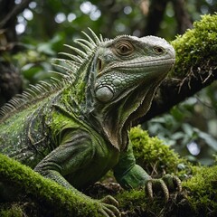 Obraz premium A green iguana blending with moss-covered branches.