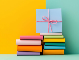 A vibrant gift box sits atop a stack of colorful paper rolls against a backdrop of bright yellow and teal, creating a cheerful and creative atmosphere.