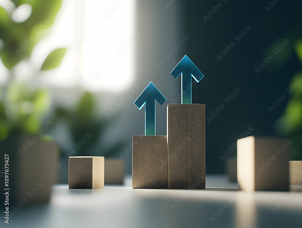 Poster a modern display of wooden blocks with upward-pointing arrows, symbolizing growth and success in a b