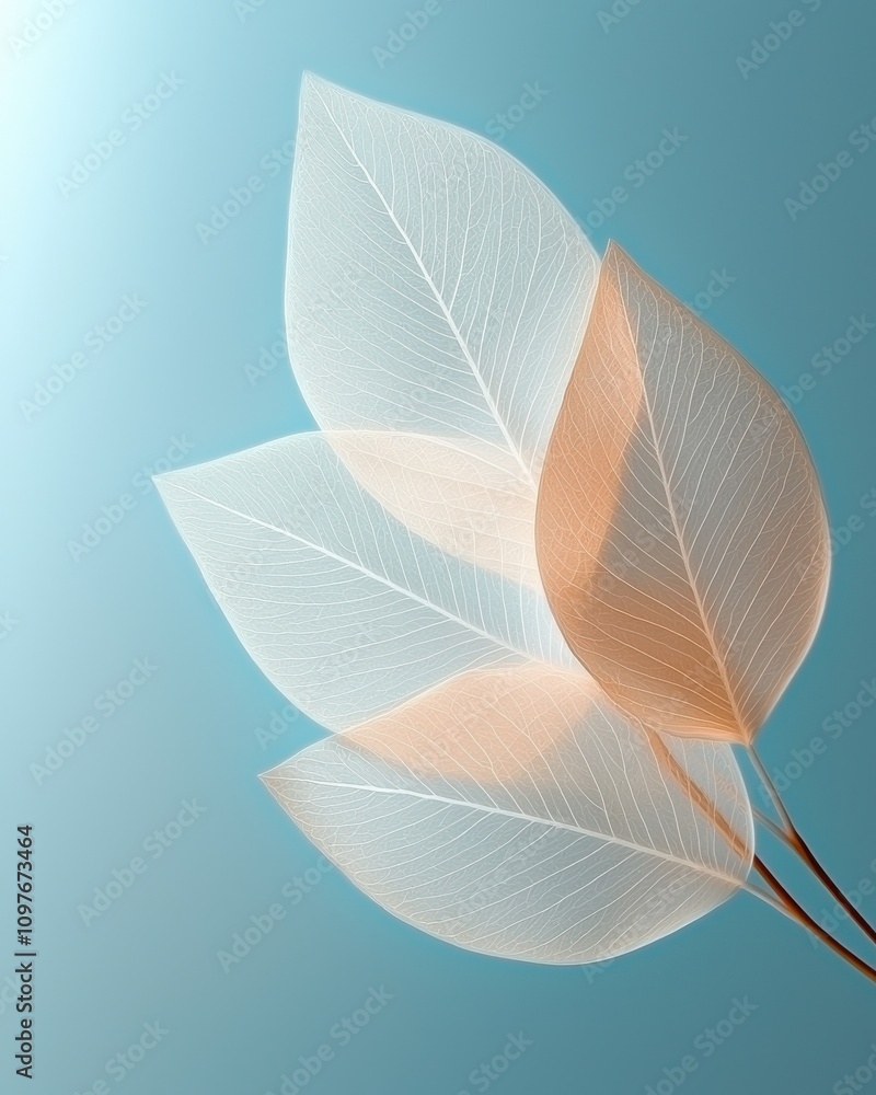 Poster transparent leaves display delicate textures against a soft blue background, creating a calming and 