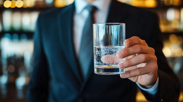 Man in suit holding glass of water, symbolizing sobriety and alcohol safety, amidst bar counter with empty alcohol bottles.