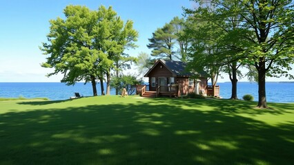 Obraz premium Serene Lakeside Retreat: Charming Cabin Nestled Amongst Lush Green Trees, Perfect for Relaxation and Nature Lovers
