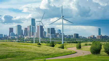 Wind Turbines Powering  a City Skyline