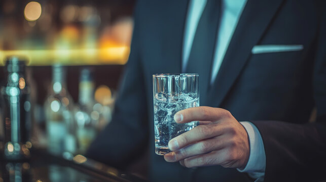 Man in suit holding glass of water, symbolizing sobriety and alcohol safety, amidst bar counter with empty alcohol bottles.