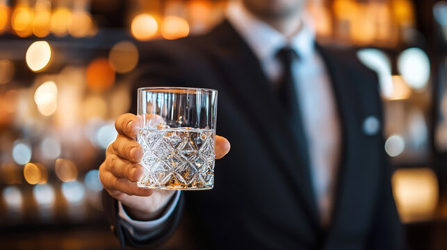 Man in suit holding glass of water, symbolizing sobriety and alcohol safety, amidst bar counter with empty alcohol bottles.