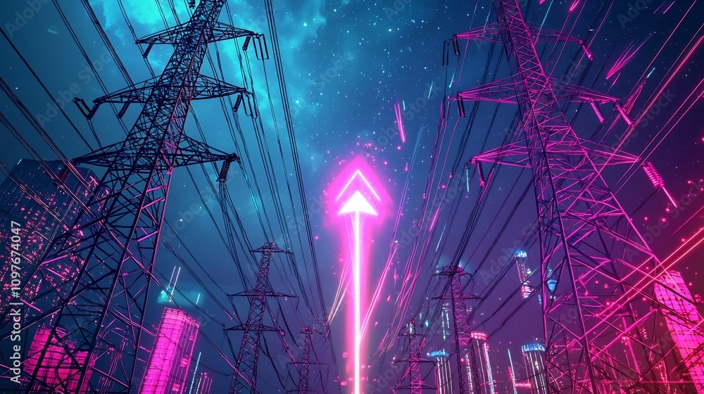 Aufkleber futuristic and surreal of complex high voltage transmission towers with glowing power lines and an u