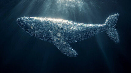 Fototapeta premium digital artwork featuring a stylized whale with a prominent Bitcoin symbol on its body floating against a blank background symbolizing the vast influence of cryptocurrency in modern digital finance