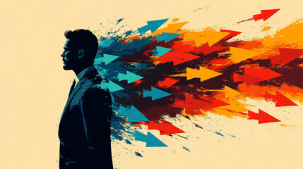 Obraz premium stylized silhouette of a man in a suit, from the side profile, facing to the right. From his shoulders and head emanates a burst of brightly concept of decision-making, ambition, or navigating multip