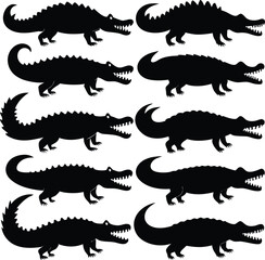 Fototapeta premium Black Silhouette Alligators Vector Art: Reptile Animal Illustration, Wildlife Graphic Design, Crocodile Pattern Background Image