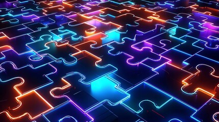 Futuristic interconnected puzzle pieces glowing in vivid neon blue orange and purple hues with intricate circuit like details and a high tech digital abstract background