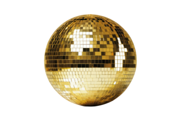 Golden disco ball, isolated on white background.