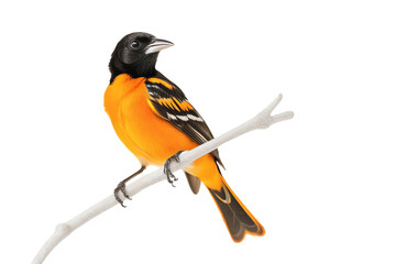 Obraz premium Colorful oriole perched on a branch, isolated on white background.