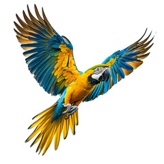 Fototapeta premium Macaw parrot in flight with wings fully spread isolated on transparent background.