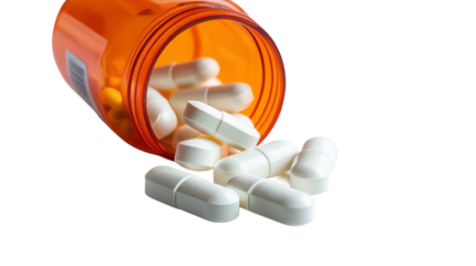 Orange pill jar and pills isolated on white background