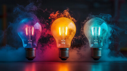 glowing incandescent light bulb emits colorful swirling smoke representing creative ideas innovation and inspiration the mix of colors conveys energy imagination and the fusion of thoughts and concept