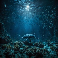 Fototapeta premium A narwhal tusk glinting in golden sunlight as the animal dives near a massive glacier. 