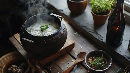high angle view ingredient on rice cooker hot spot at dining room