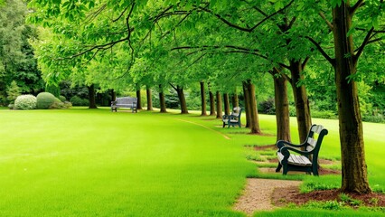Obraz premium Serene Park Bench Under Lush Green Trees, Perfect for Relaxation and Enjoying Nature