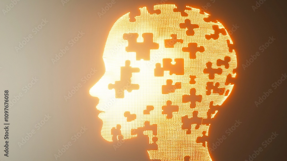 Poster glowing puzzle piece in the shape of a human head representing the complexity and challenges of ment