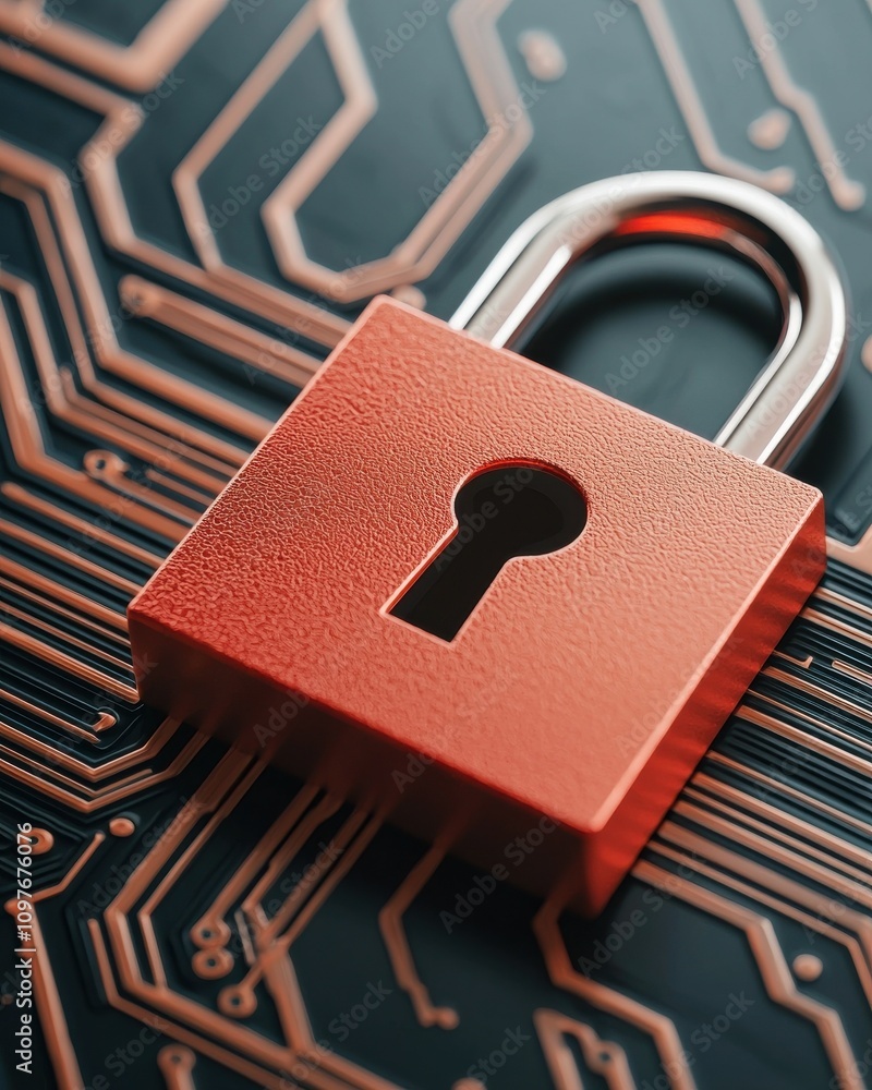 Poster a close-up of a red padlock on a circuit board background, symbolizing digital security and protecti