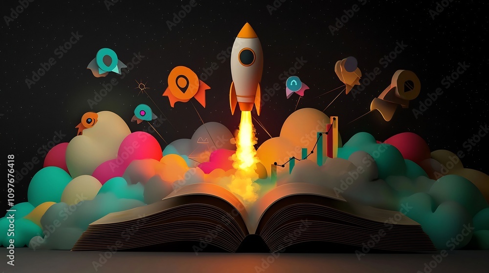 Poster glowing rockets bursting with radiant energy lifting off from the pages of an open book set against 