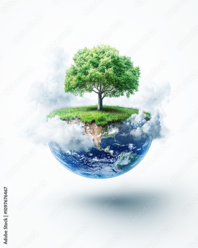 Poster a vibrant tree rests on a floating island above a globe, symbolizing harmony between nature and the 