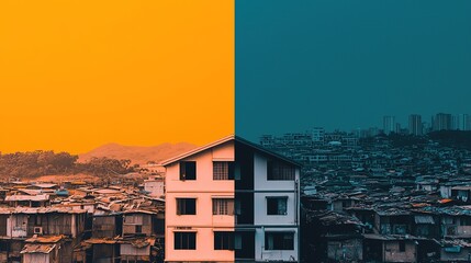 Fototapeta premium A dramatic visual showing the difference between luxurious living conditions and impoverished slums side side.